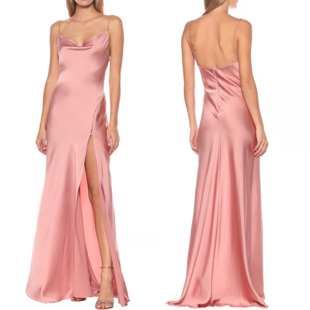 Jonathan Simkhai Satin Maxi Dress Antique Rose Pink Runway Drape‎ Front Slit XS